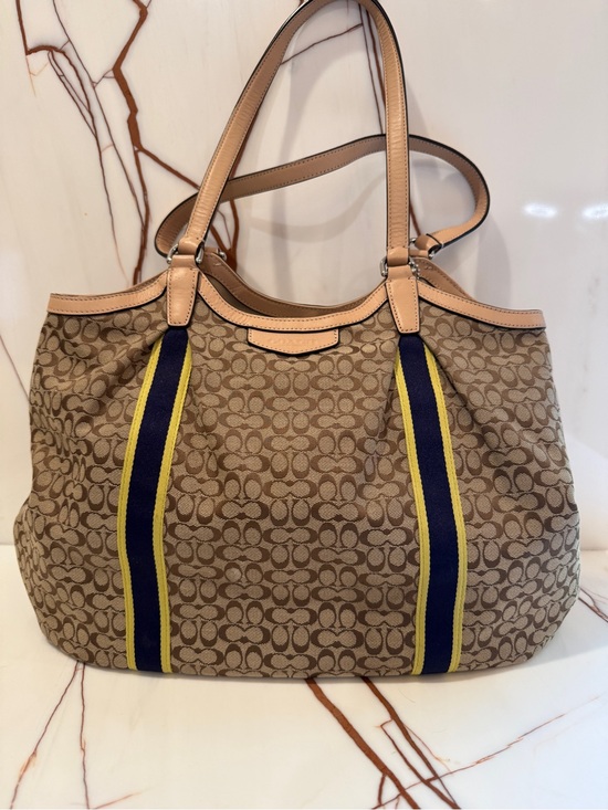 Handbags - Coach Tan Monogram Tote with Navy & Yellow Stripes